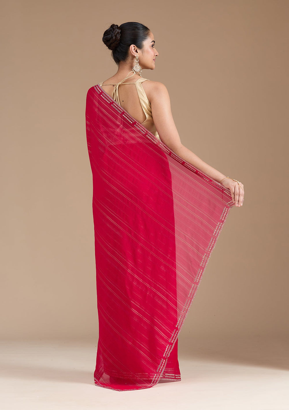 Rani Pink Stonework (Gold) Chiffon Saree_koskii