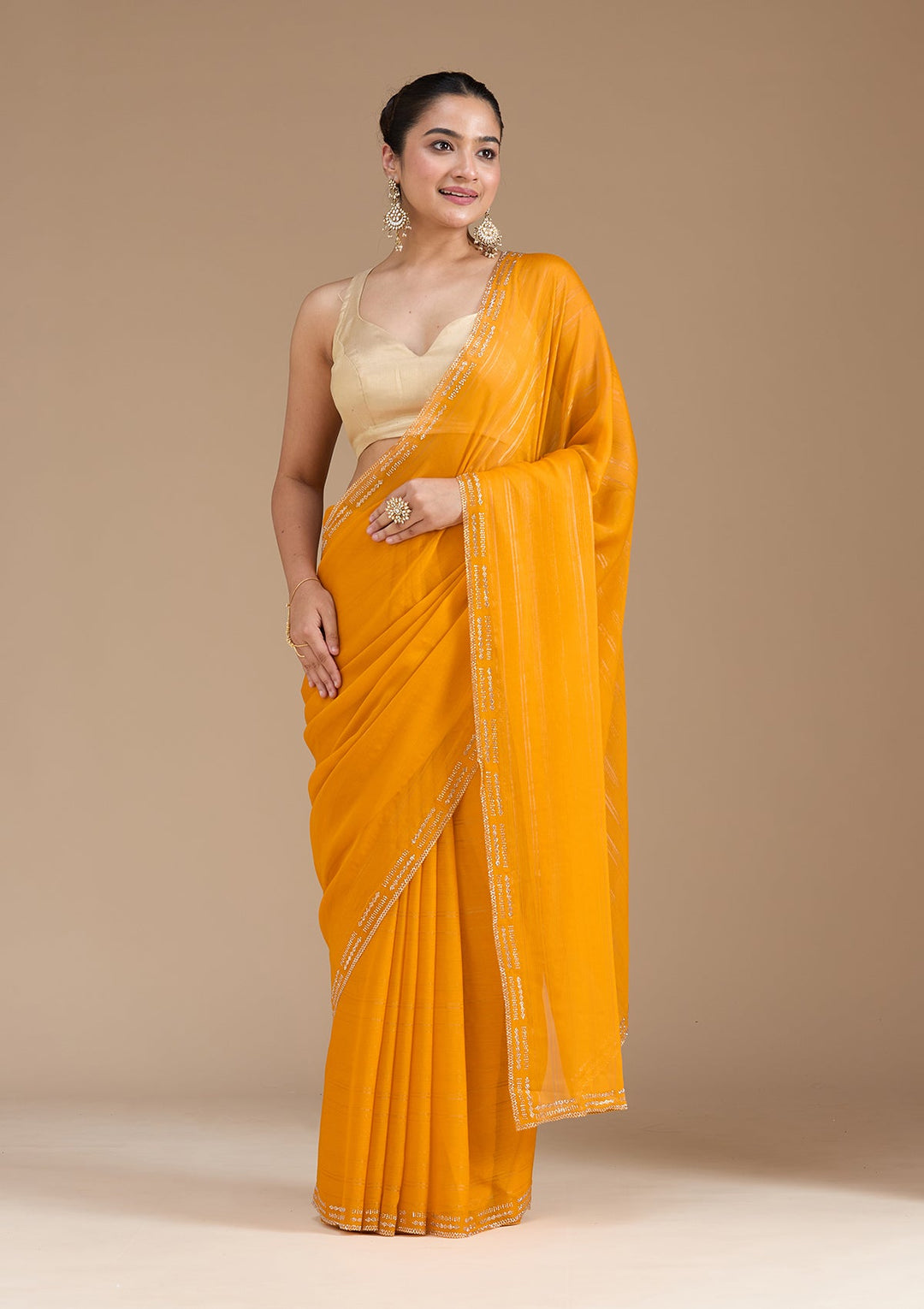Yellow Stonework (Gold) Chiffon Saree_koskii