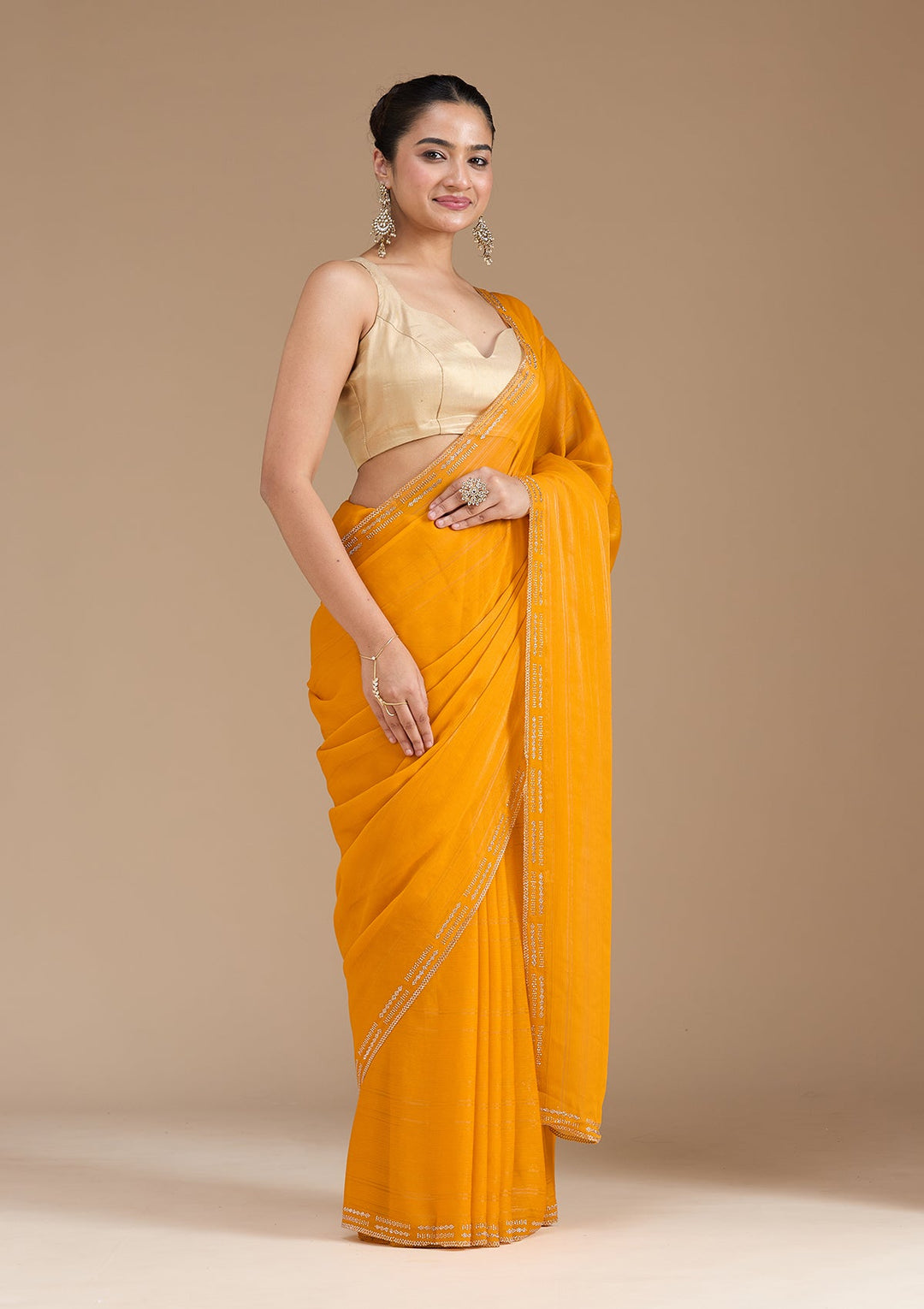Yellow Stonework (Gold) Chiffon Saree_koskii