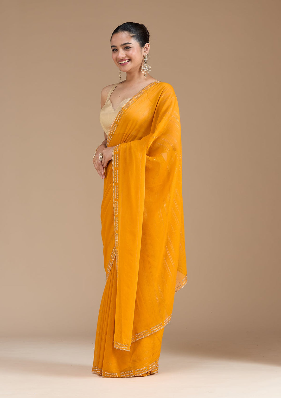 Yellow Stonework (Gold) Chiffon Saree_koskii
