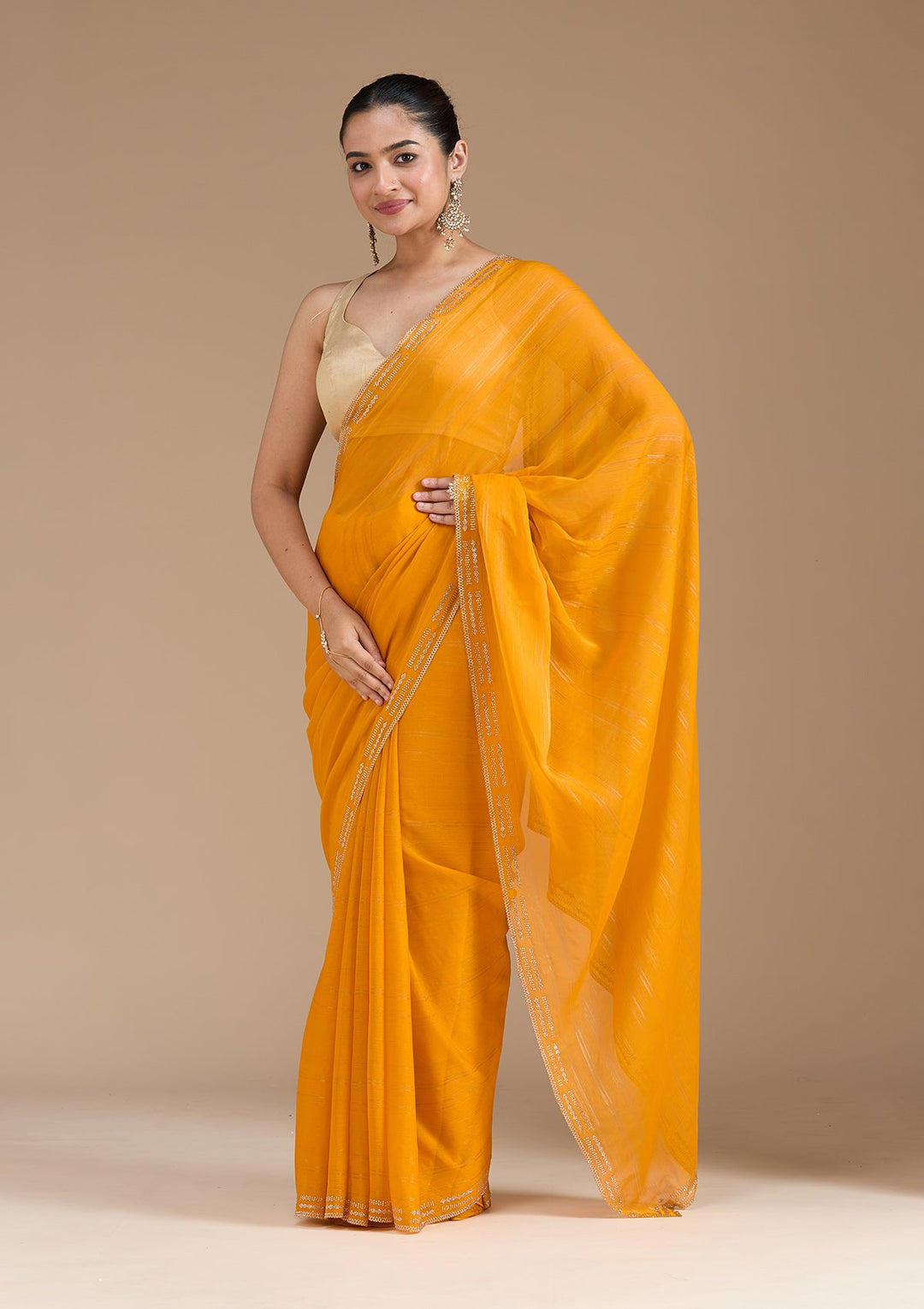 Yellow Stonework (Gold) Chiffon Saree_koskii