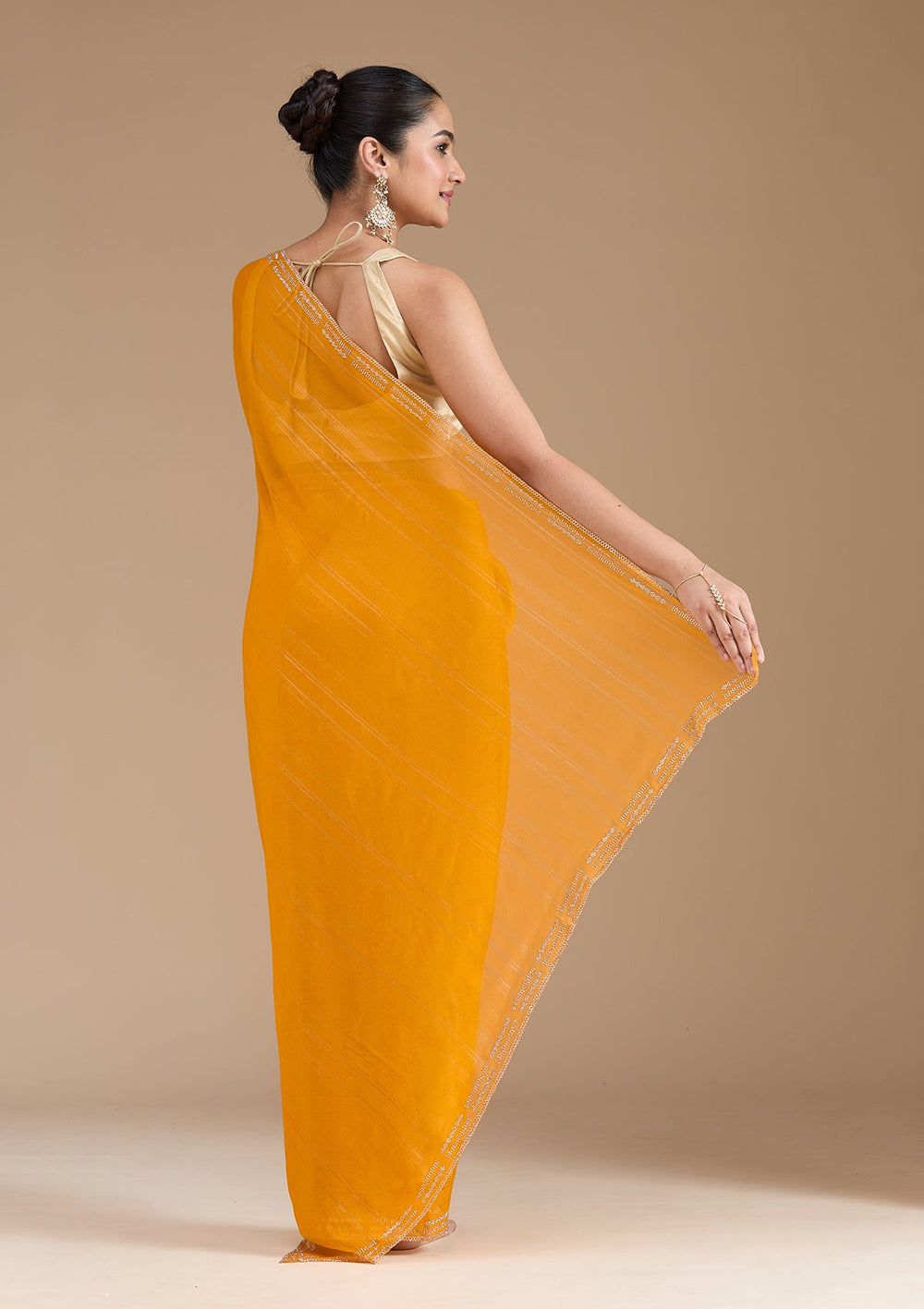 Yellow Stonework (Gold) Chiffon Saree_koskii