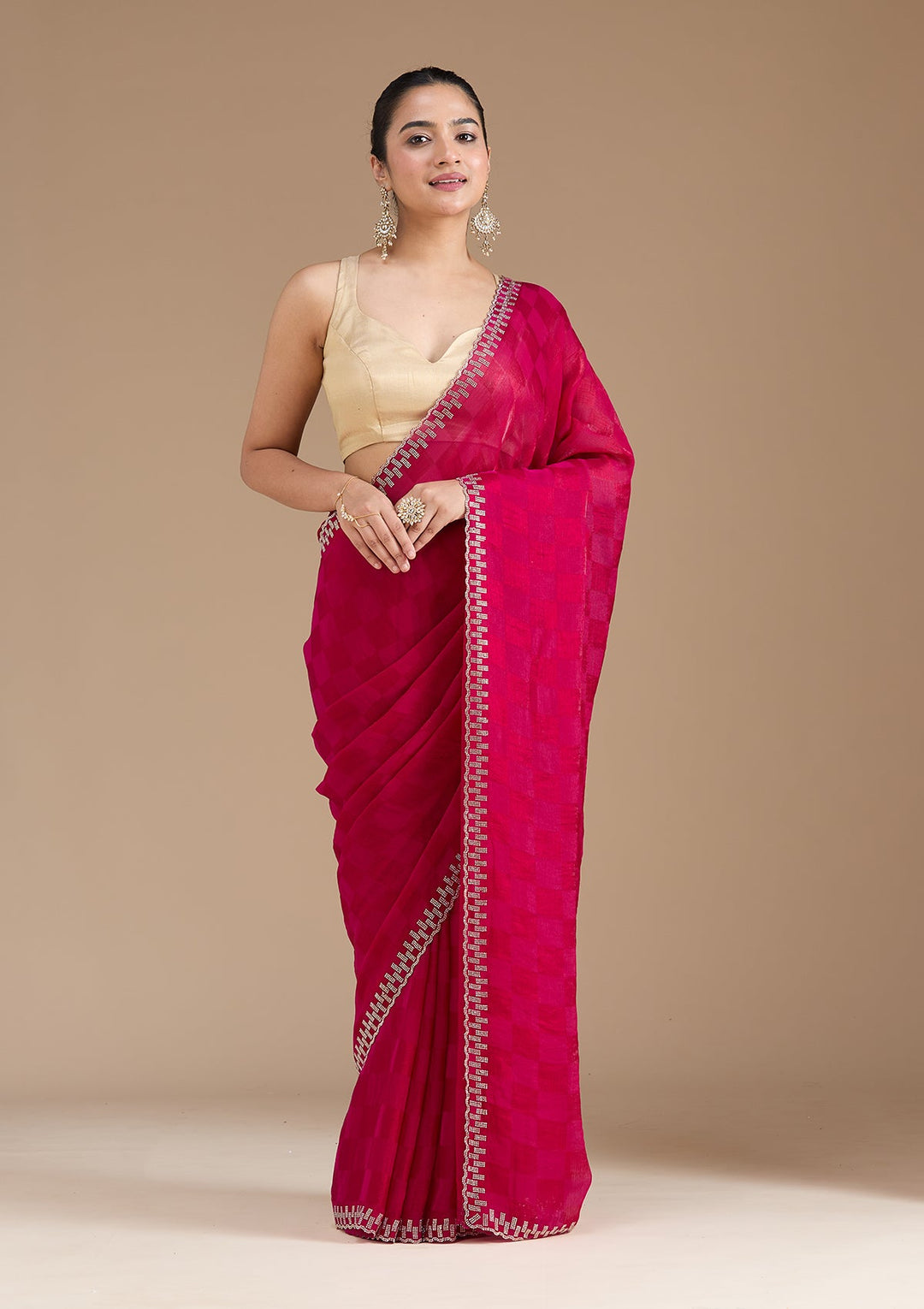 Magenta Pink Stonework (Gold) Tissue Saree_koskii