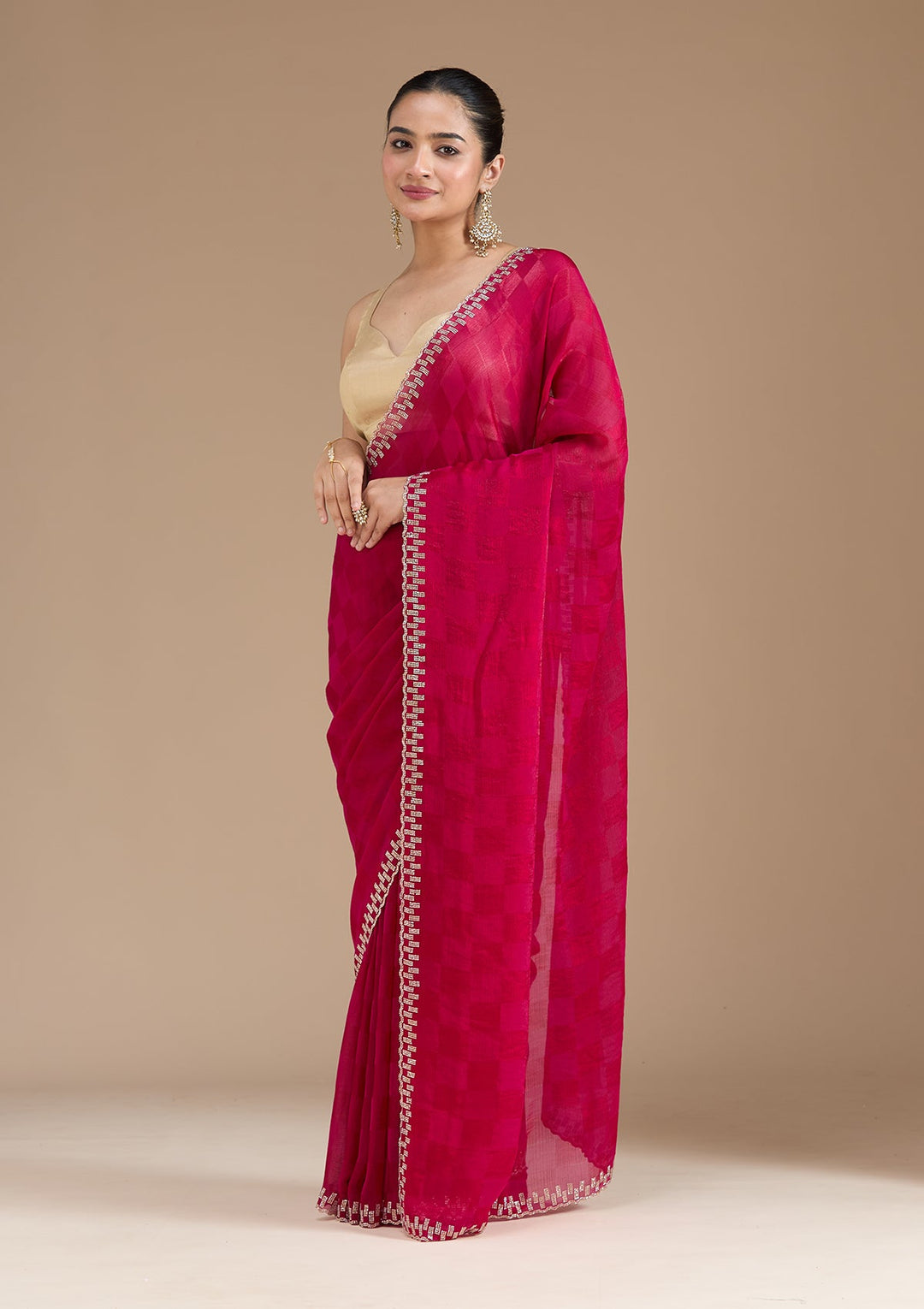 Magenta Pink Stonework (Gold) Tissue Saree_koskii