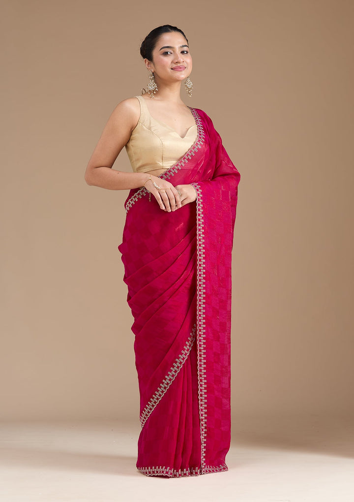 Magenta Pink Stonework (Gold) Tissue Saree_koskii