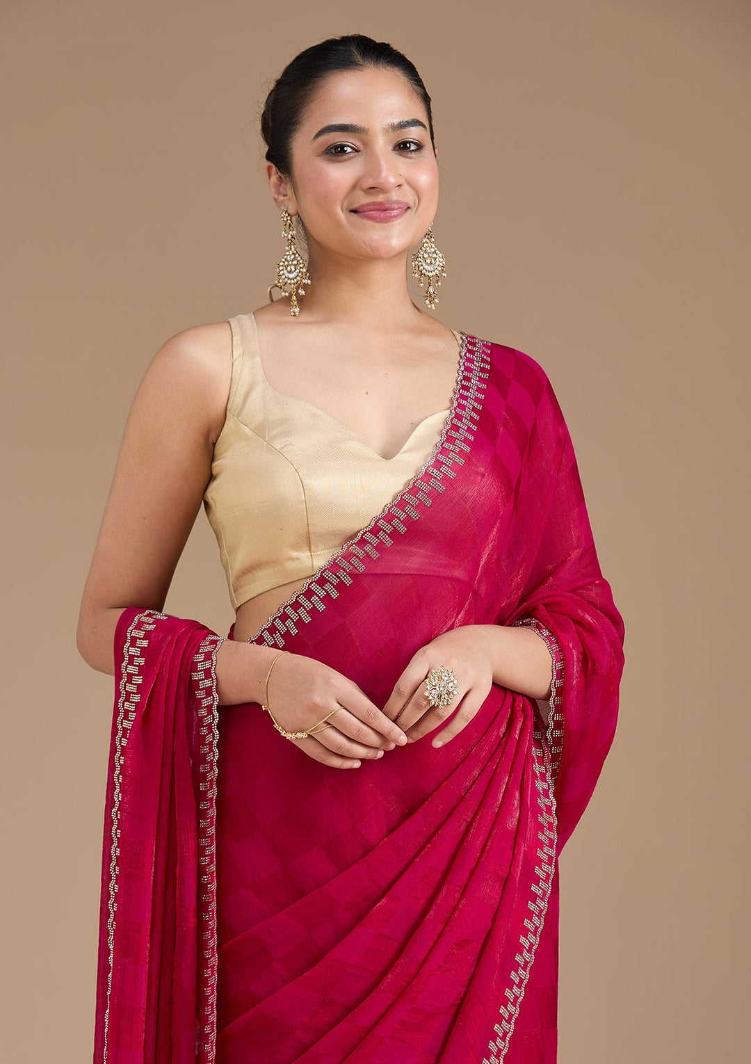 Magenta Pink Stonework (Gold) Tissue Saree_koskii