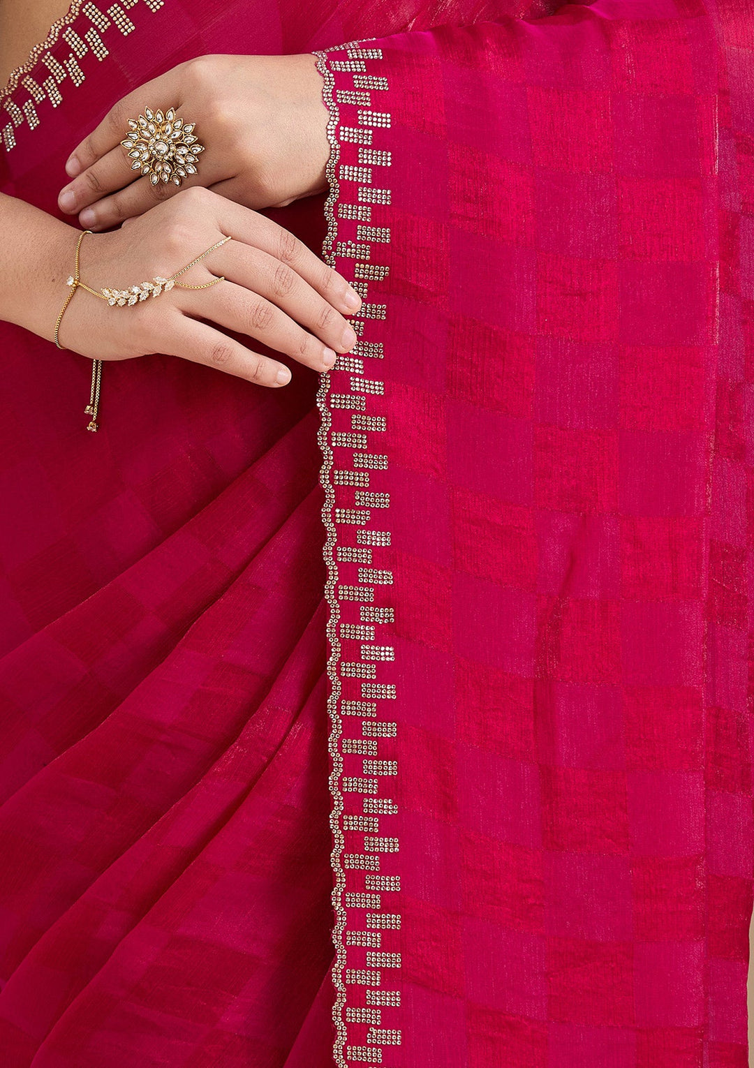 Magenta Pink Stonework (Gold) Tissue Saree_koskii