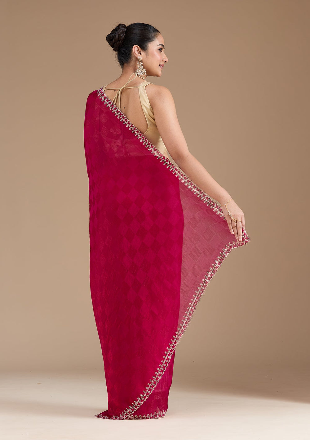 Magenta Pink Stonework (Gold) Tissue Saree_koskii