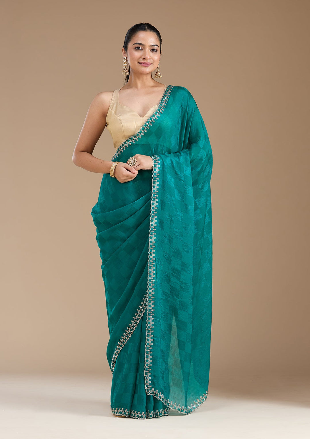 Rama Green Stonework (Gold) Tissue Saree_koskii