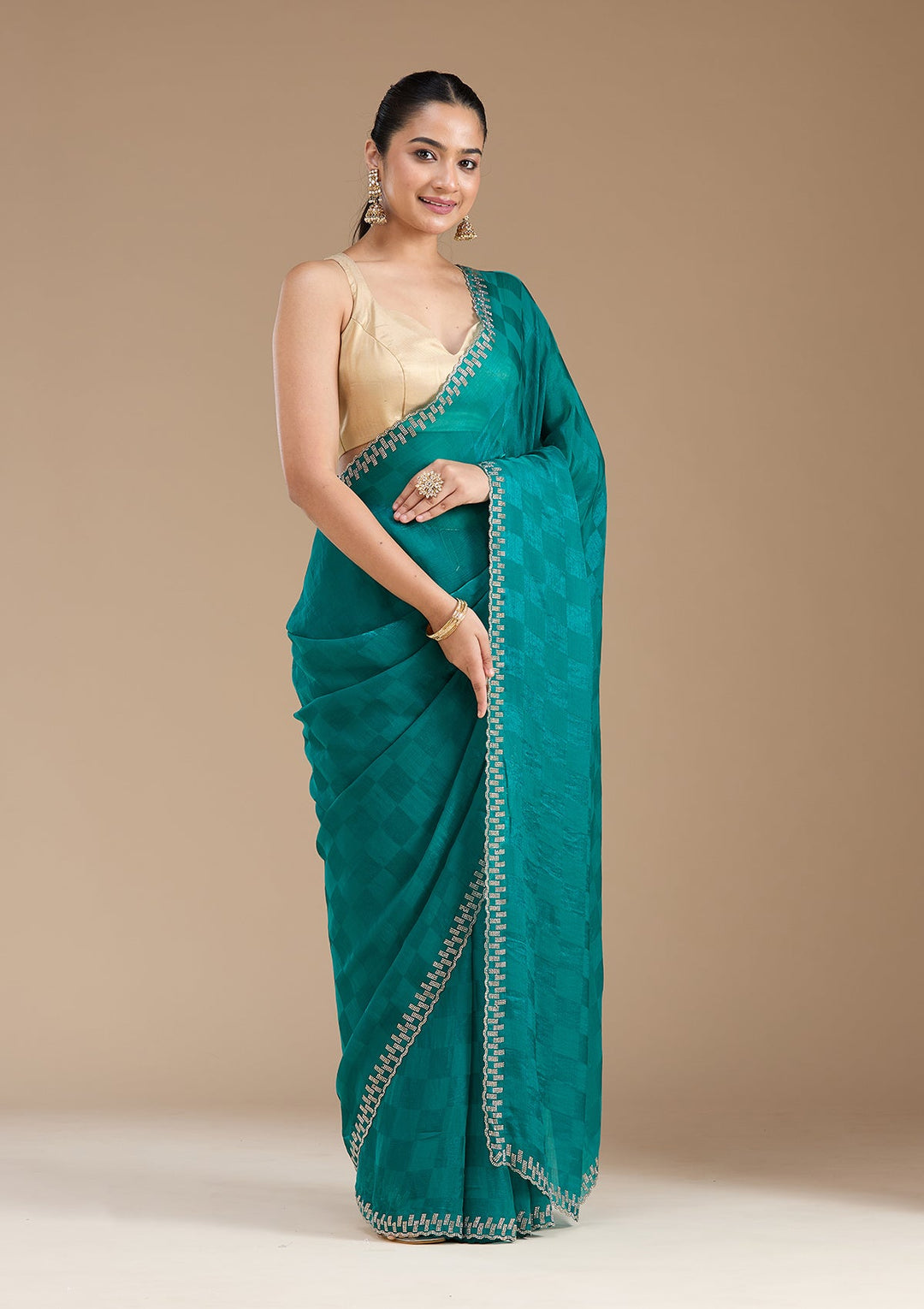 Rama Green Stonework (Gold) Tissue Saree_koskii