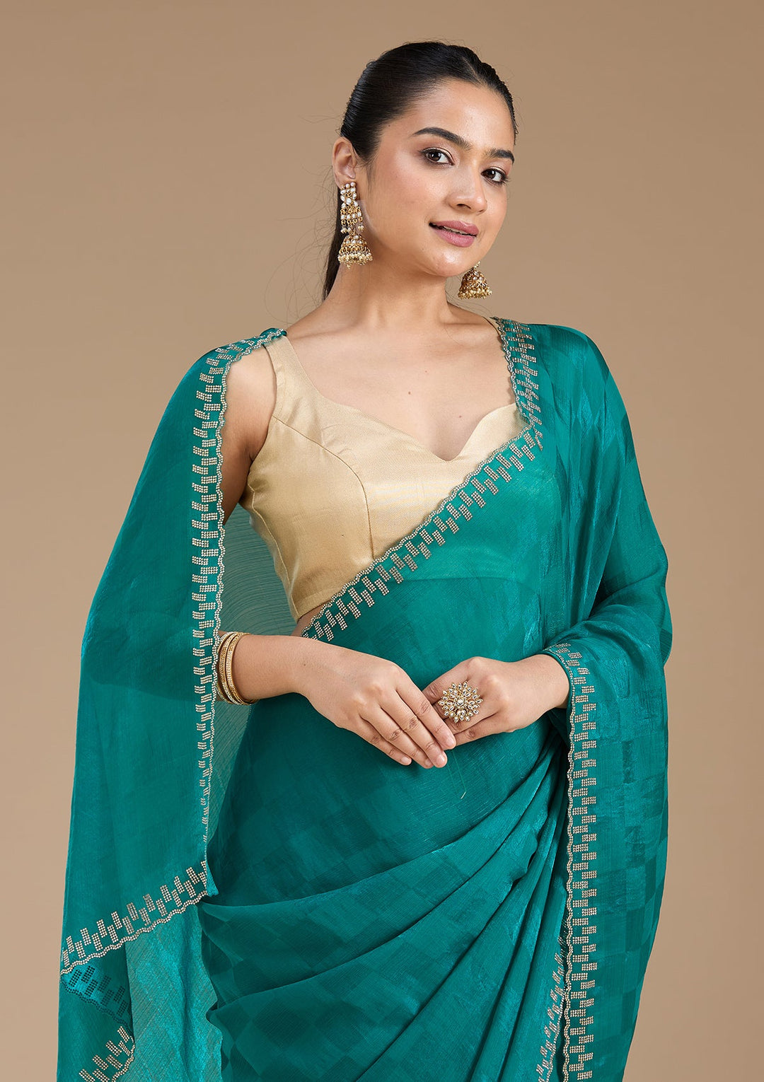 Rama Green Stonework (Gold) Tissue Saree_koskii