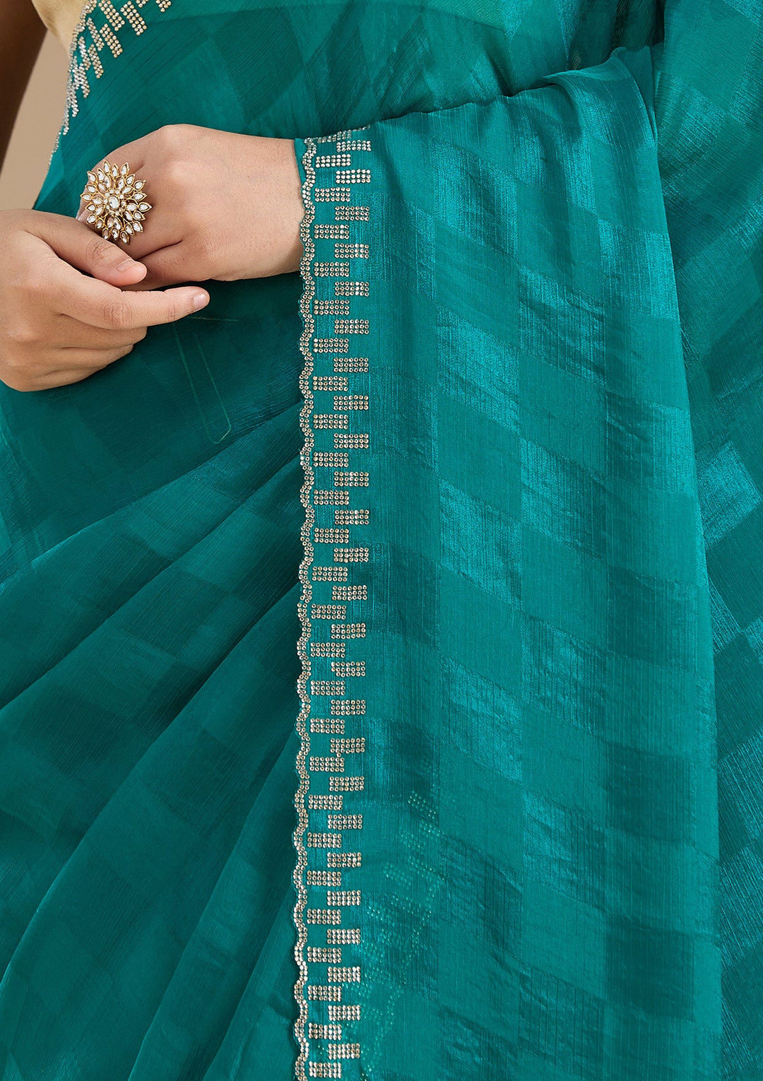 Rama Green Stonework (Gold) Tissue Saree_koskii