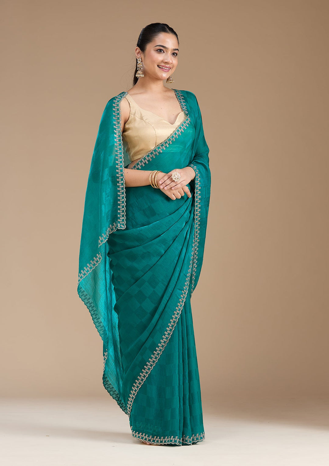 Rama Green Stonework (Gold) Tissue Saree_koskii