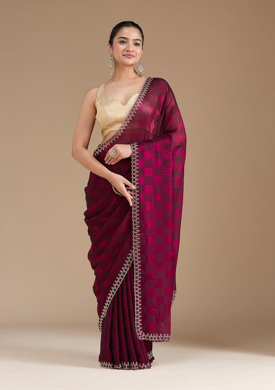 Wine Stonework (Gold) Tissue Saree_koskii
