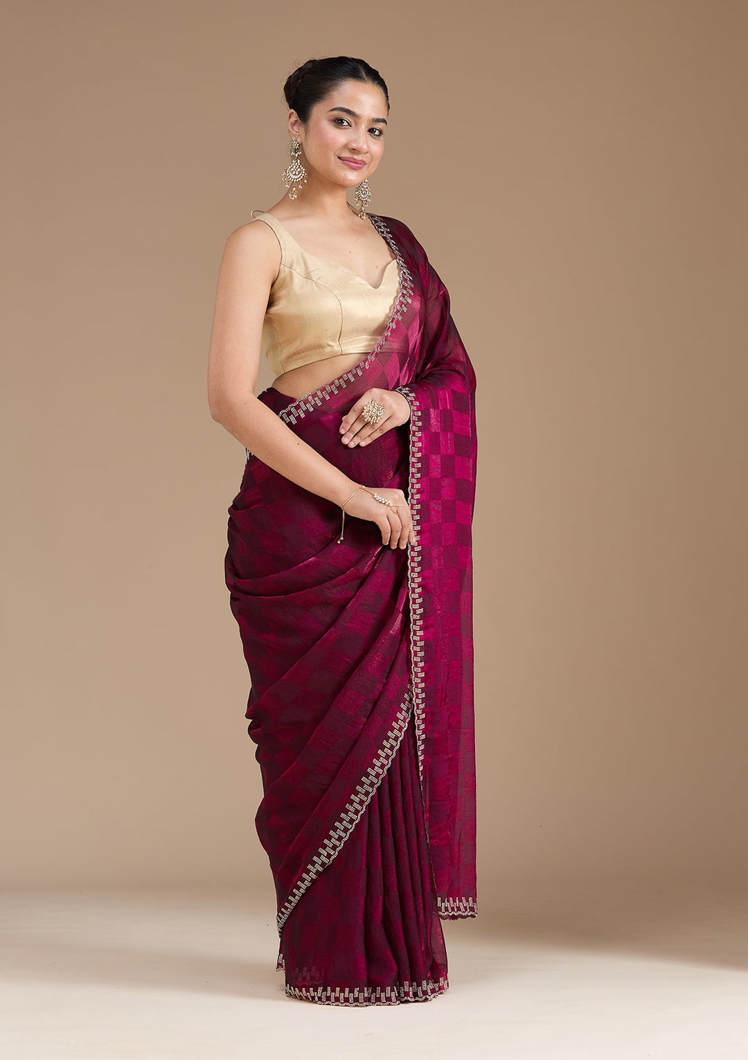 Wine Stonework (Gold) Tissue Saree_koskii