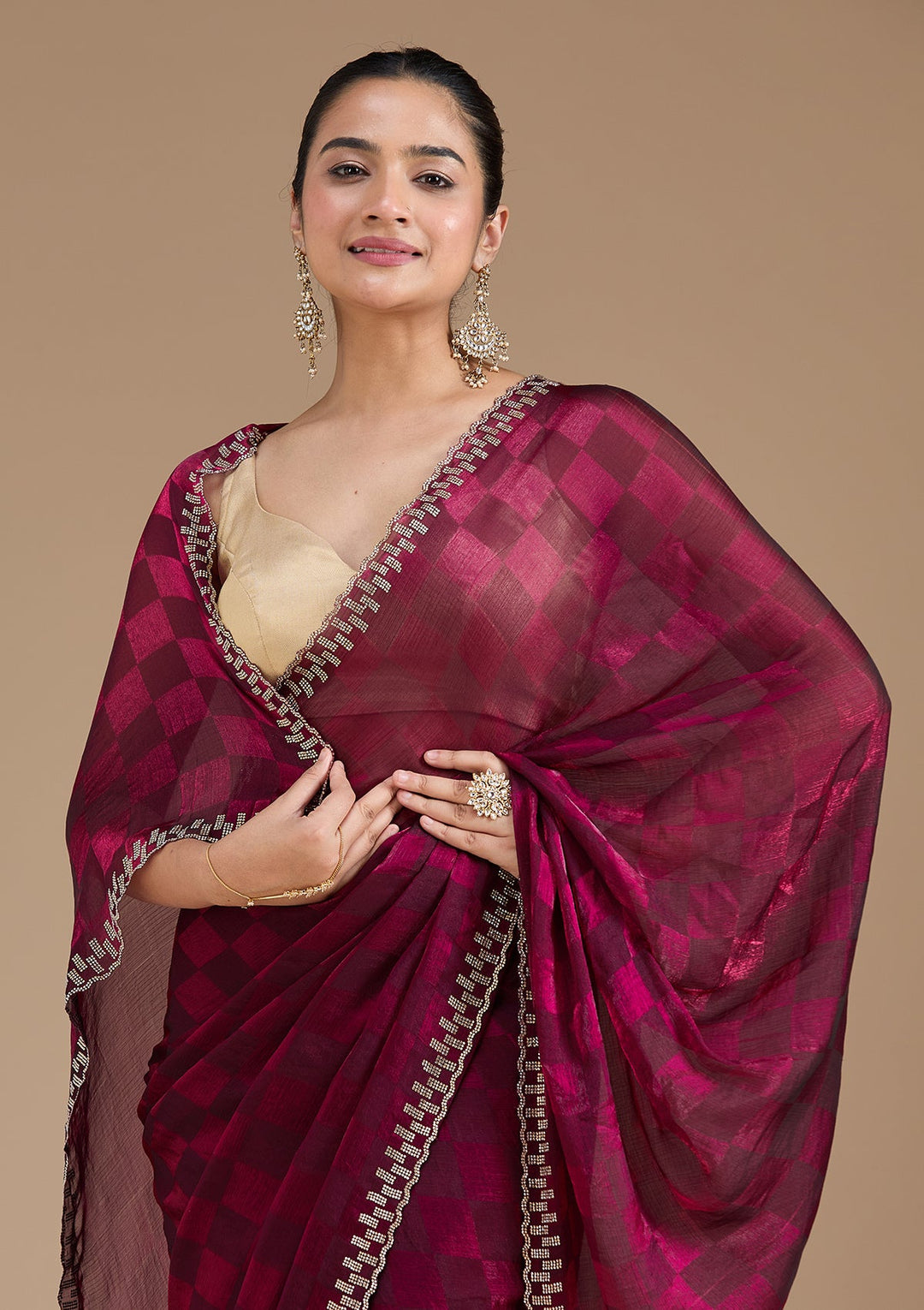 Wine Stonework (Gold) Tissue Saree_koskii