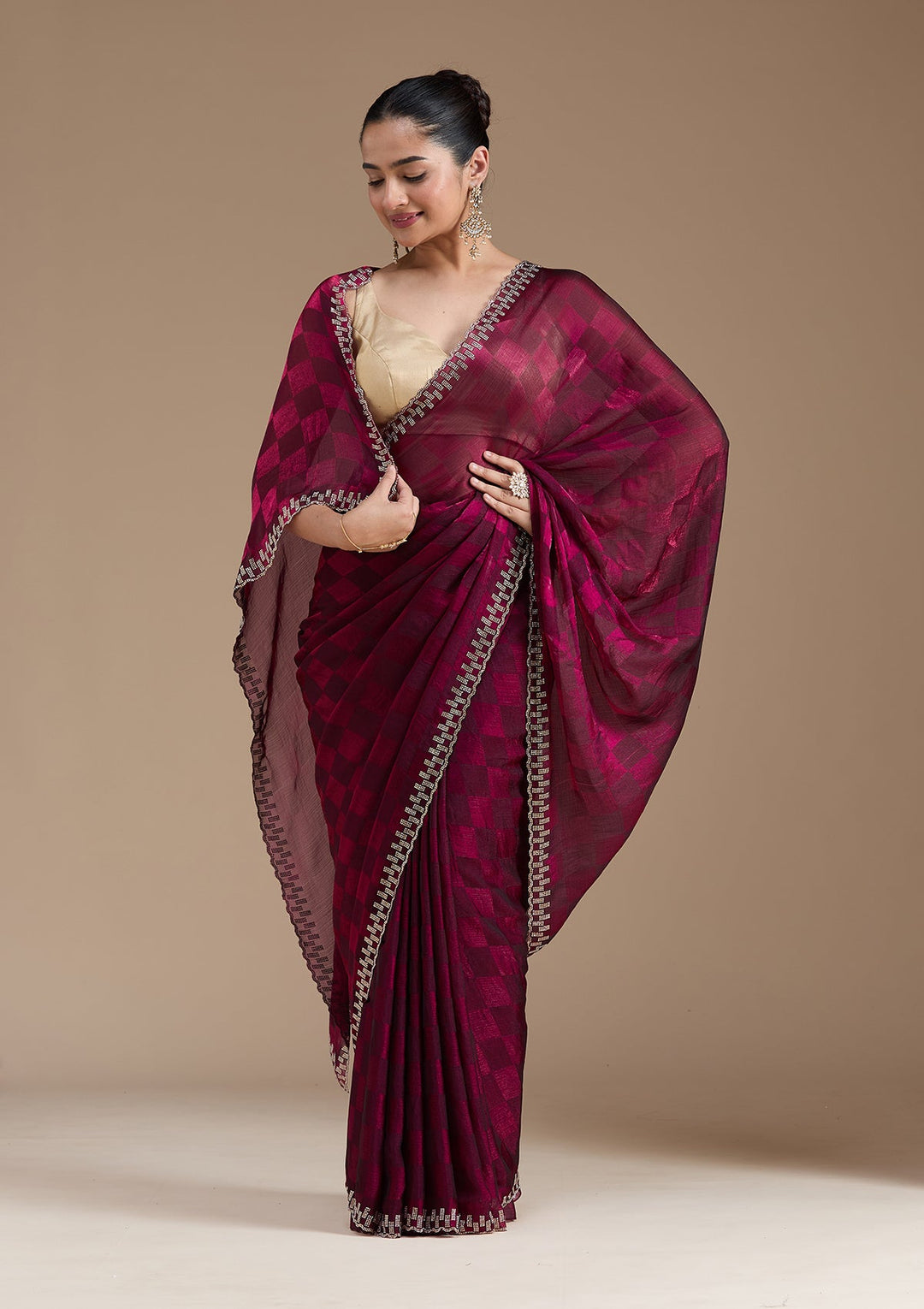 Wine Stonework (Gold) Tissue Saree_koskii