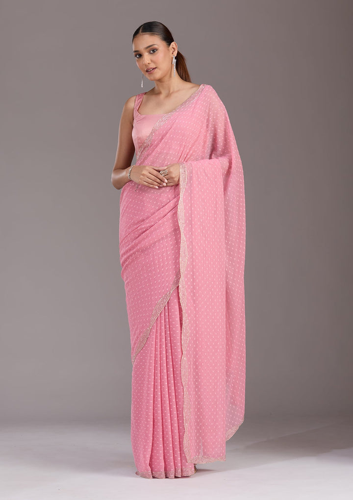 Gajari Pink Stonework (Silver) Chiffon Saree-koskii