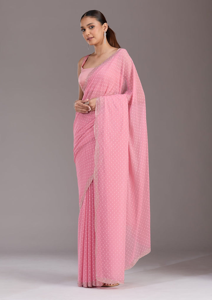 Gajari Pink Stonework (Silver) Chiffon Saree-koskii