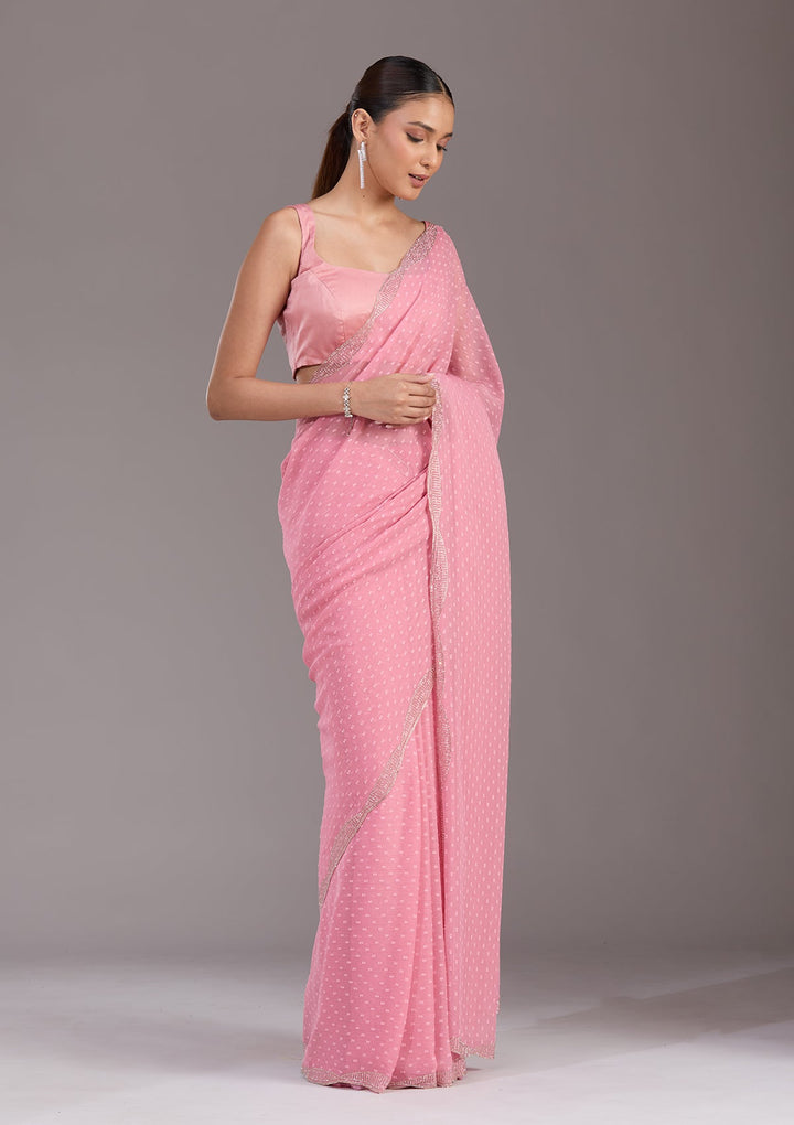 Gajari Pink Stonework (Silver) Chiffon Saree-koskii