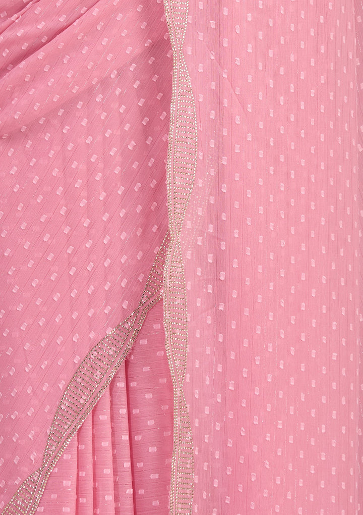 Gajari Pink Stonework (Silver) Chiffon Saree-koskii