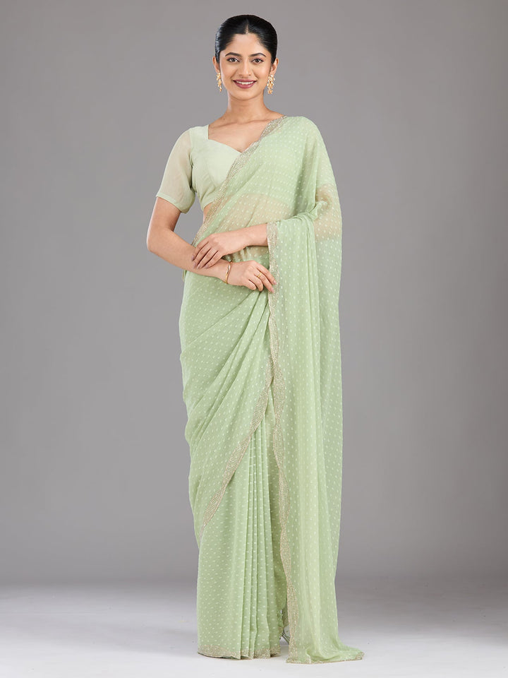 Pista Green Stonework (Silver) Chiffon Saree-Koskii