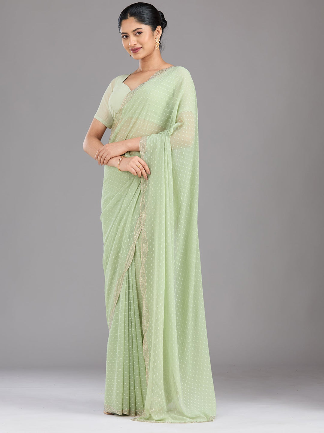 Pista Green Stonework (Silver) Chiffon Saree-Koskii