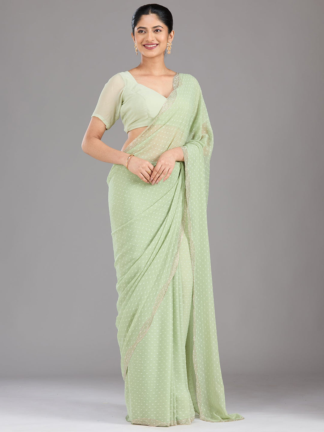 Pista Green Stonework (Silver) Chiffon Saree-Koskii
