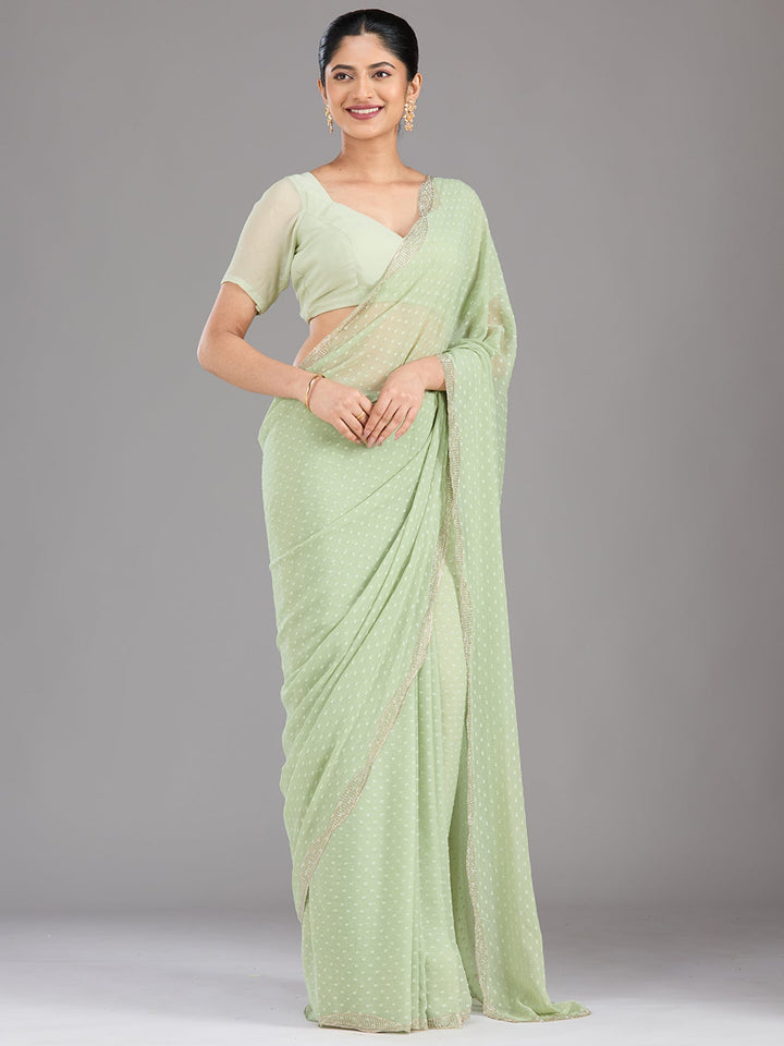 Pista Green Stonework (Silver) Chiffon Saree-Koskii