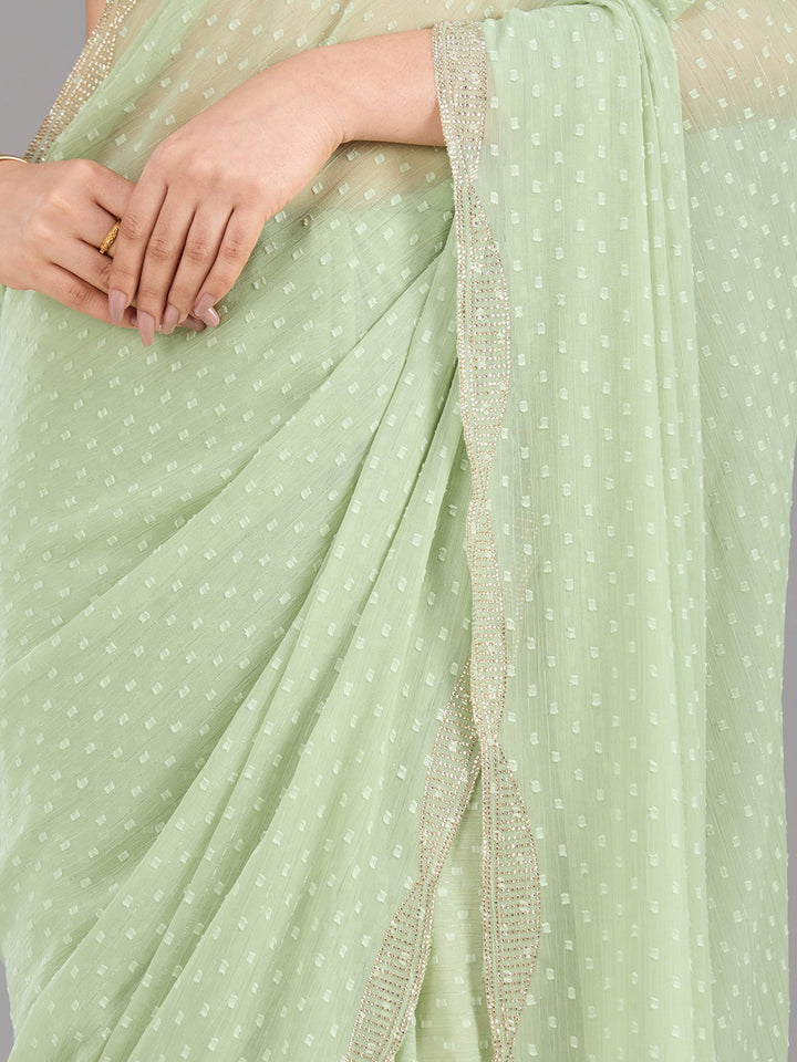 Pista Green Stonework (Silver) Chiffon Saree-Koskii