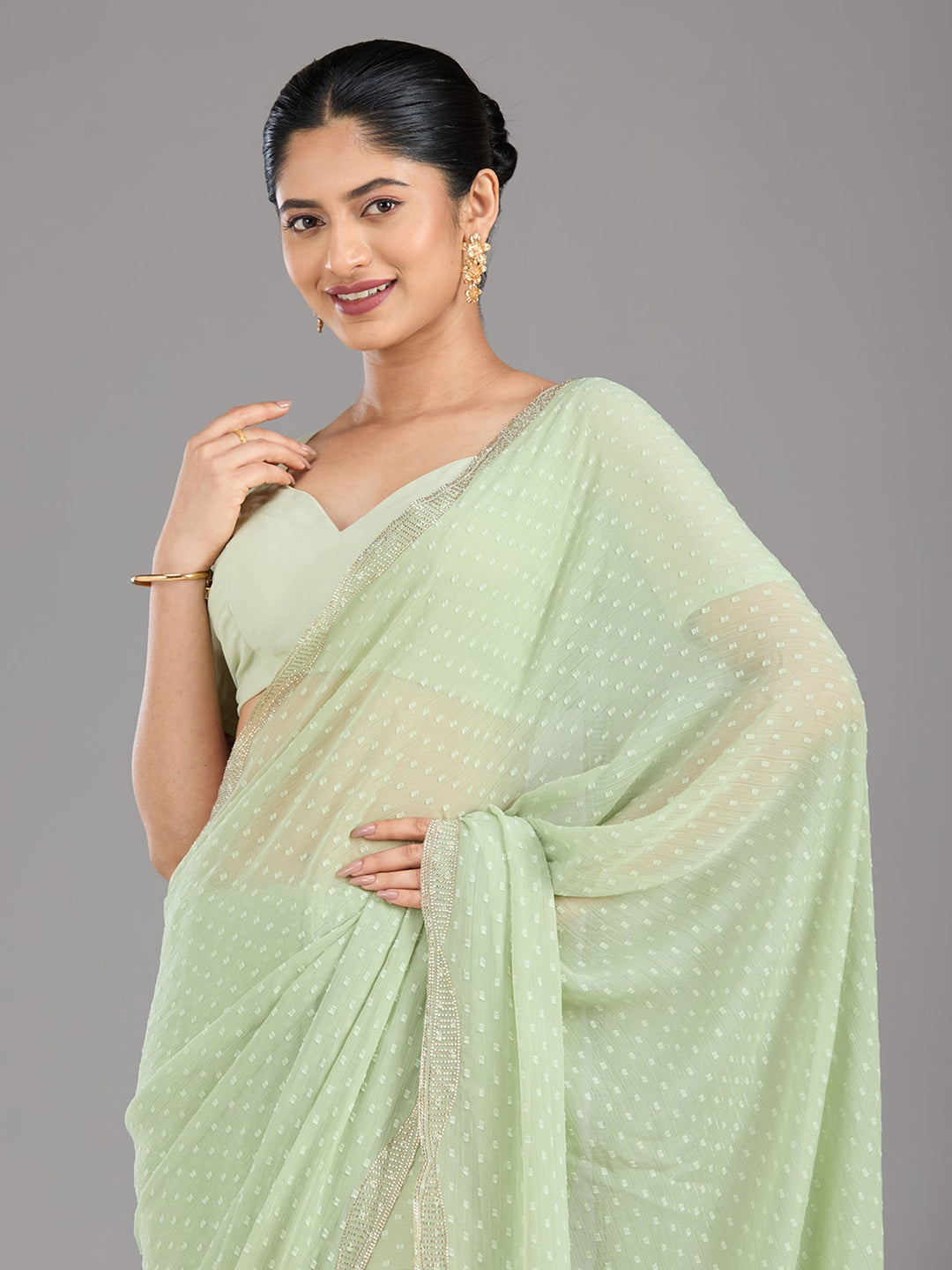 Pista Green Stonework (Silver) Chiffon Saree-Koskii