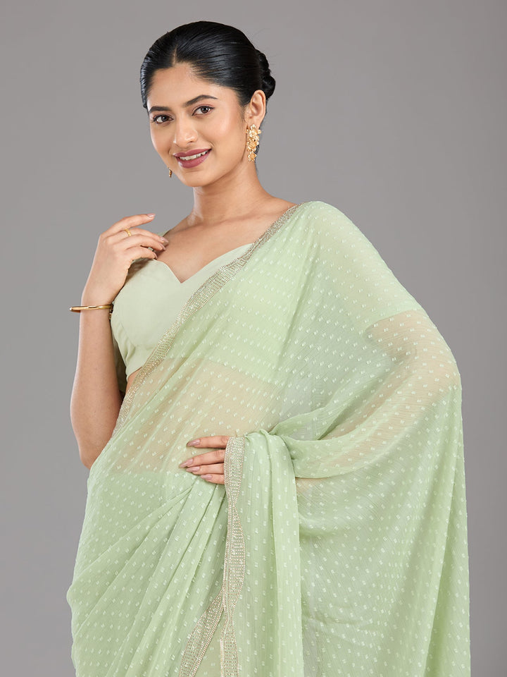 Pista Green Stonework (Silver) Chiffon Saree-Koskii