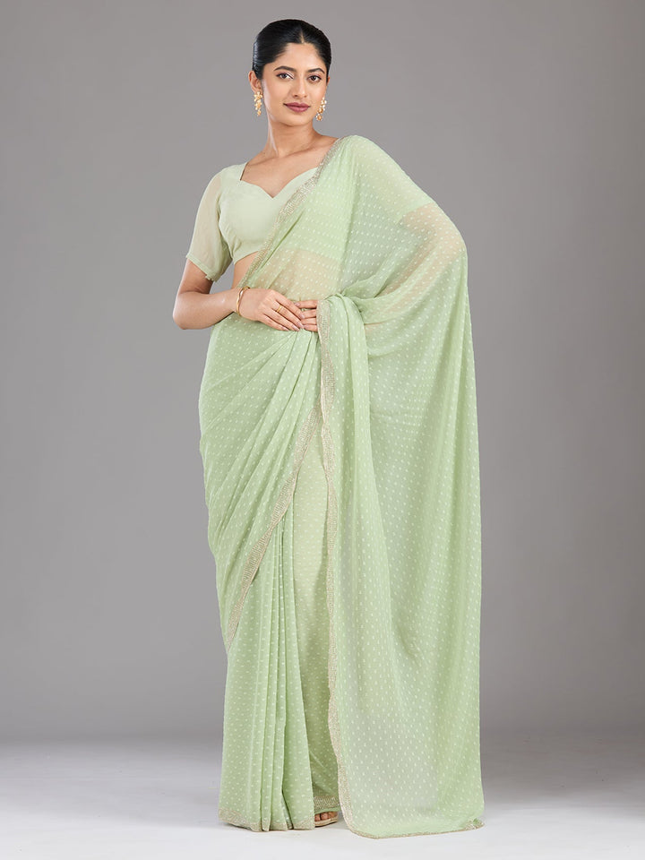 Pista Green Stonework (Silver) Chiffon Saree-Koskii