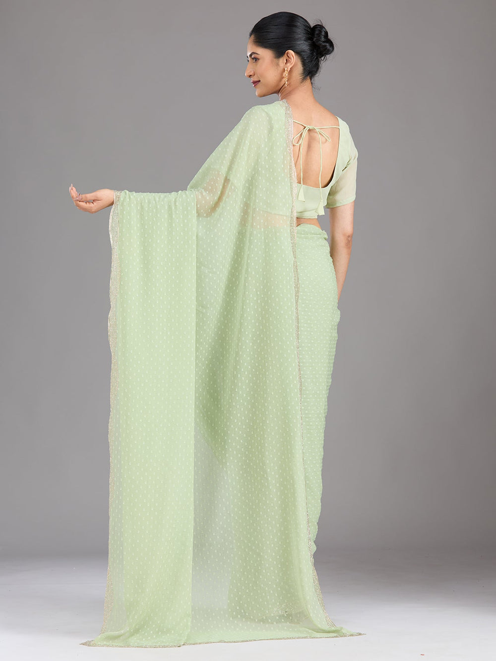 Pista Green Stonework (Silver) Chiffon Saree-Koskii