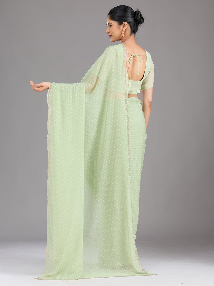 Pista Green Stonework (Silver) Chiffon Saree-Koskii