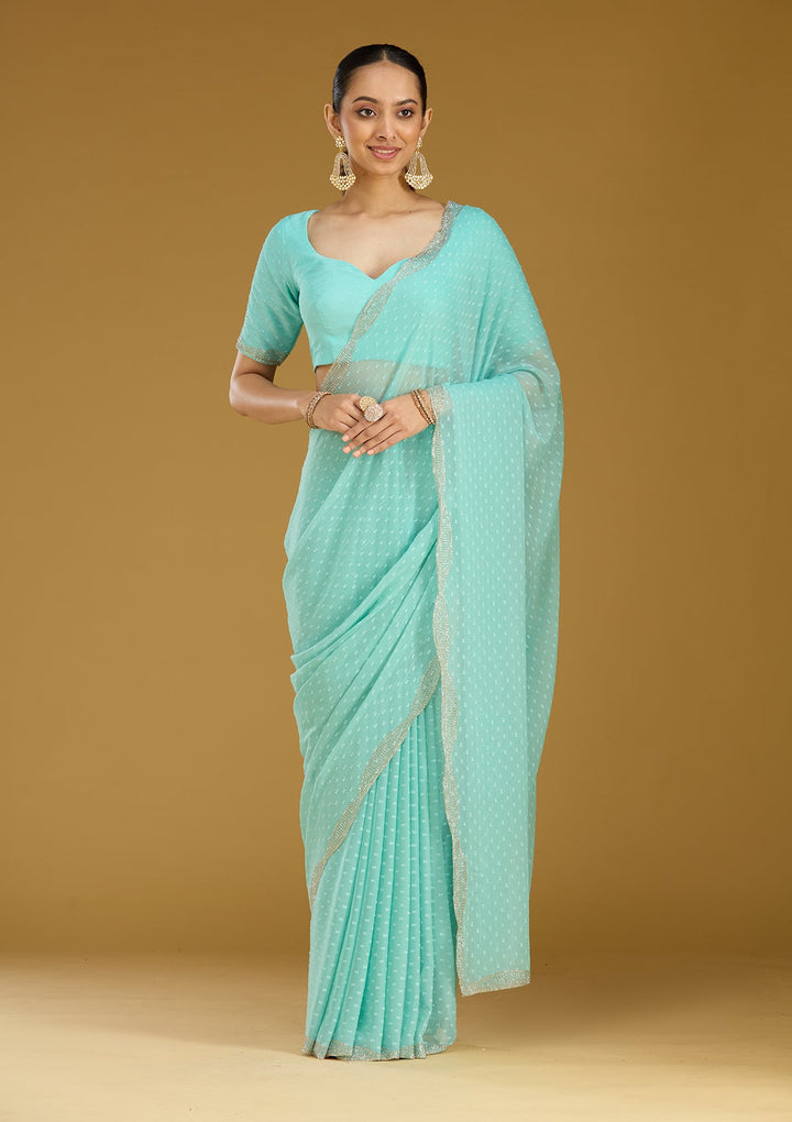 Sea Green Stonework (Silver) Chiffon Saree
