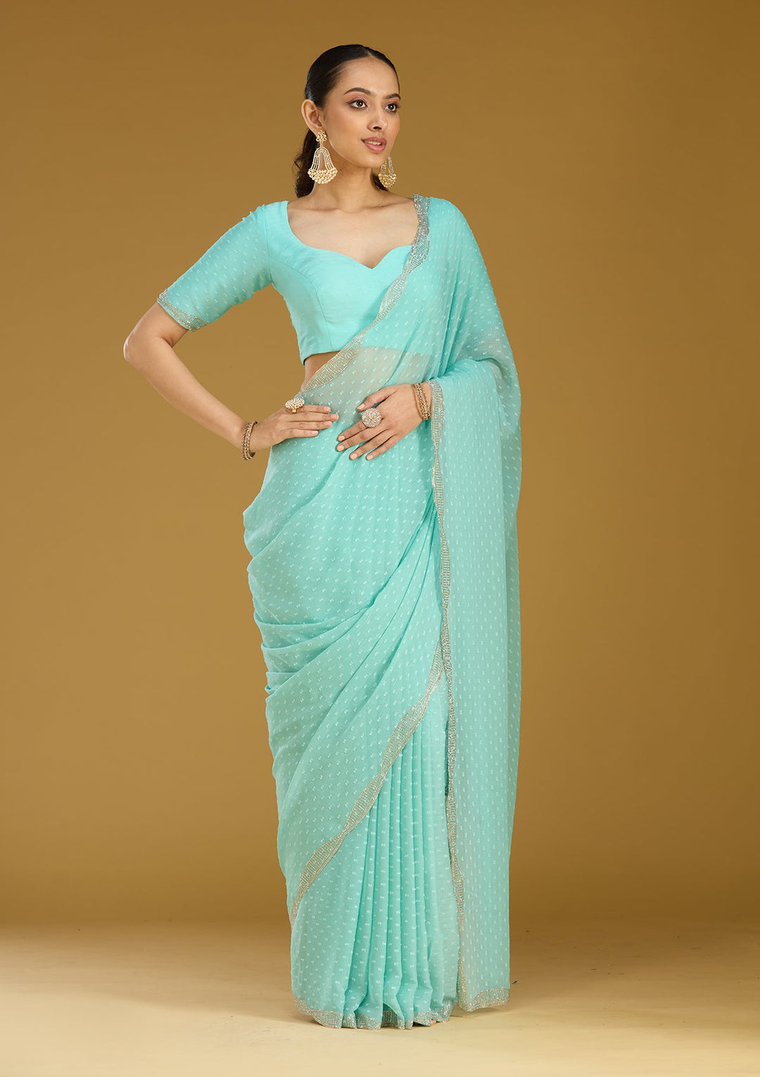 Sea Green Stonework (Silver) Chiffon Saree