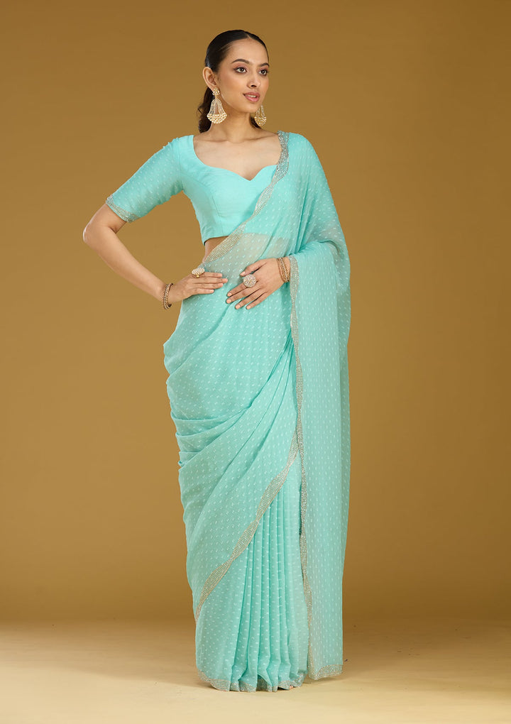 Sea Green Stonework (Silver) Chiffon Saree