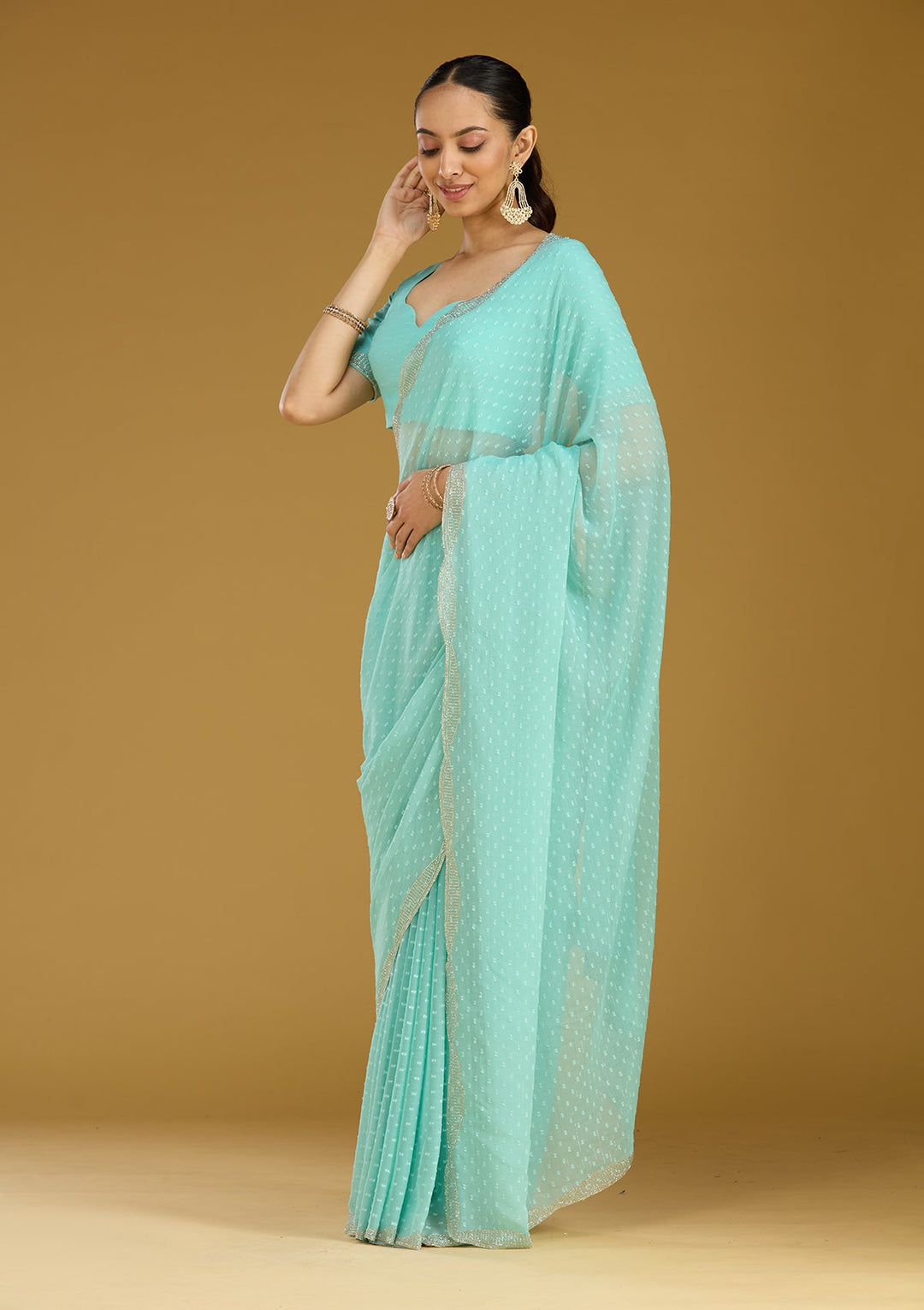 Sea Green Stonework (Silver) Chiffon Saree
