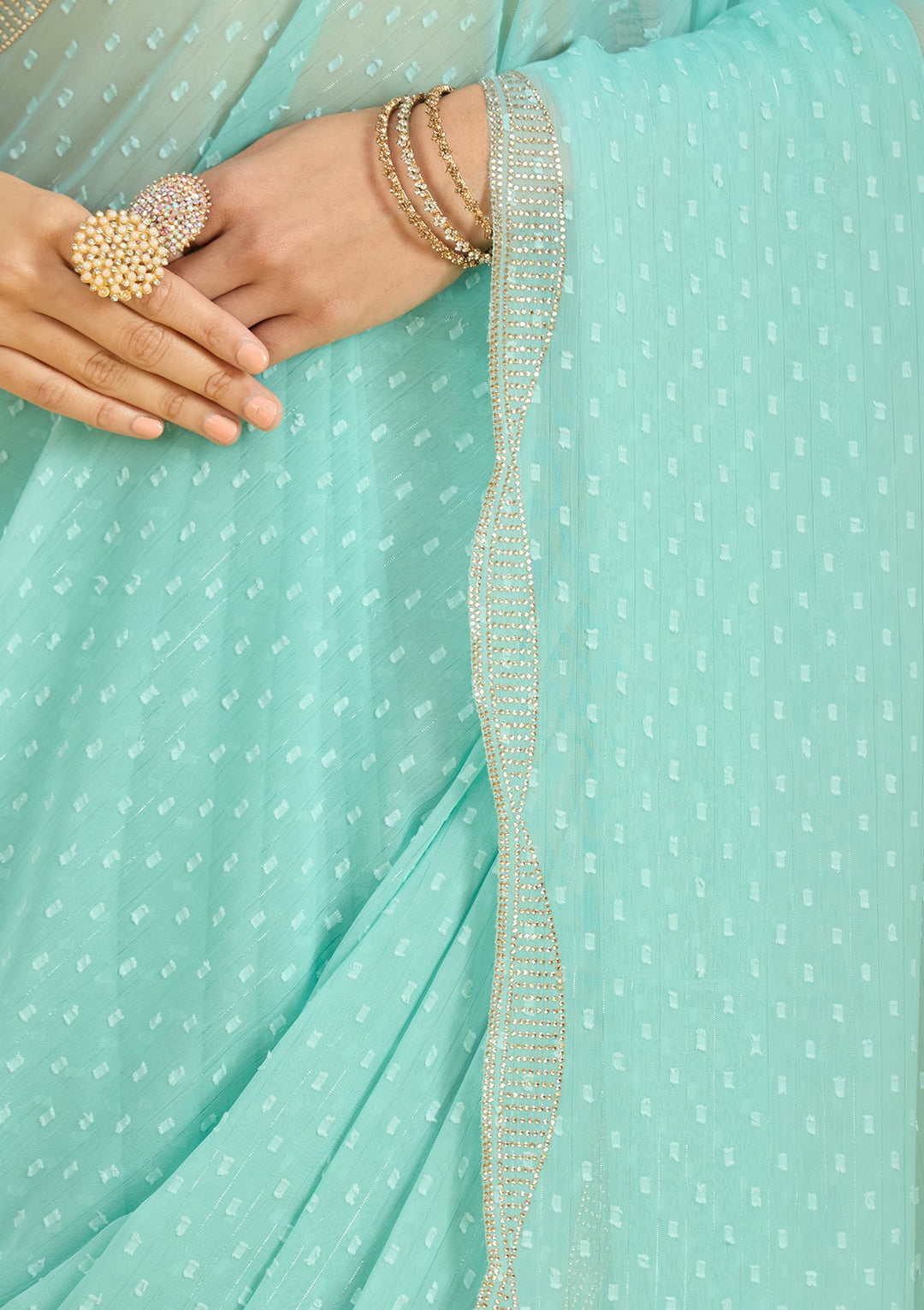 Sea Green Stonework (Silver) Chiffon Saree
