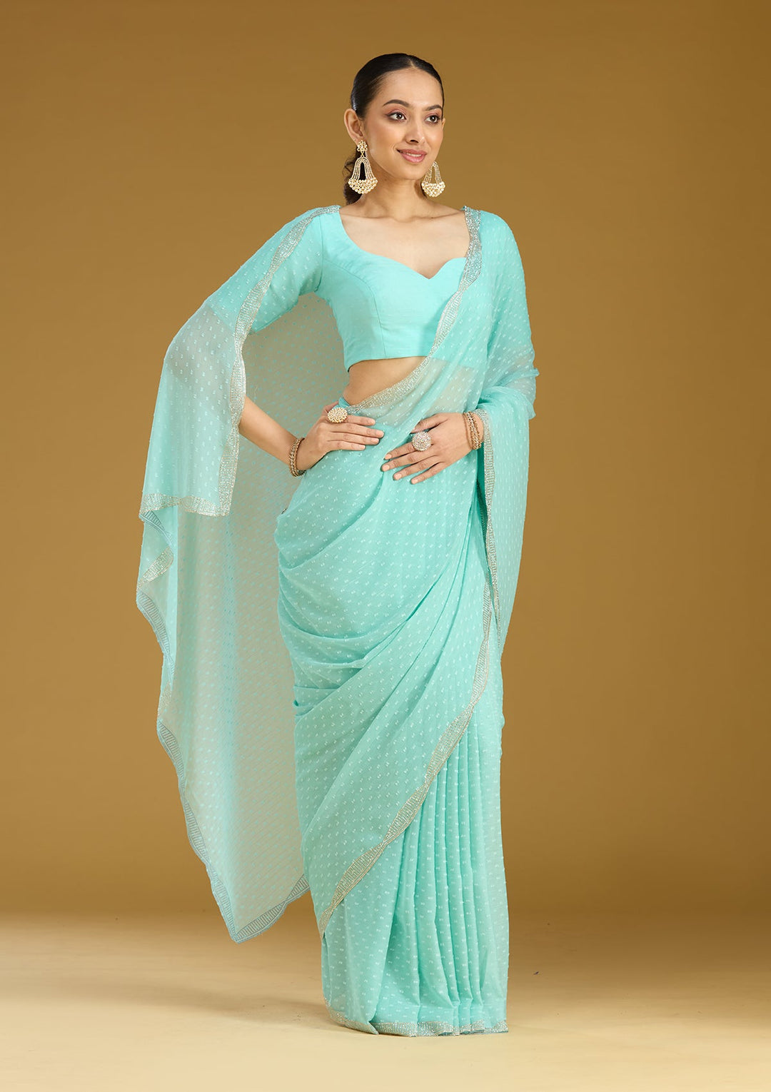 Sea Green Stonework (Silver) Chiffon Saree