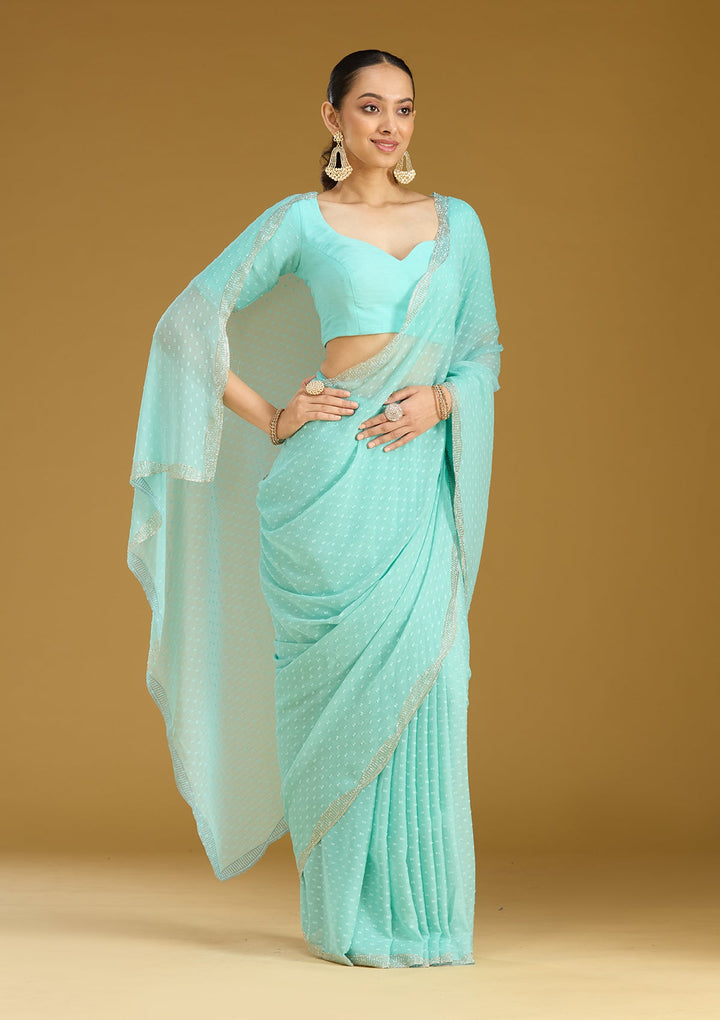 Sea Green Stonework (Silver) Chiffon Saree