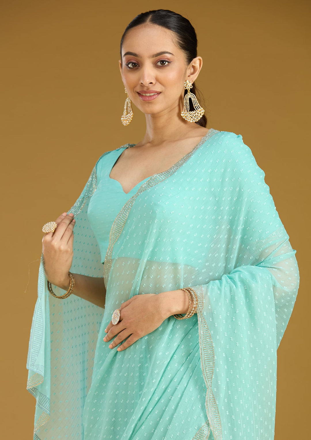 Sea Green Stonework (Silver) Chiffon Saree