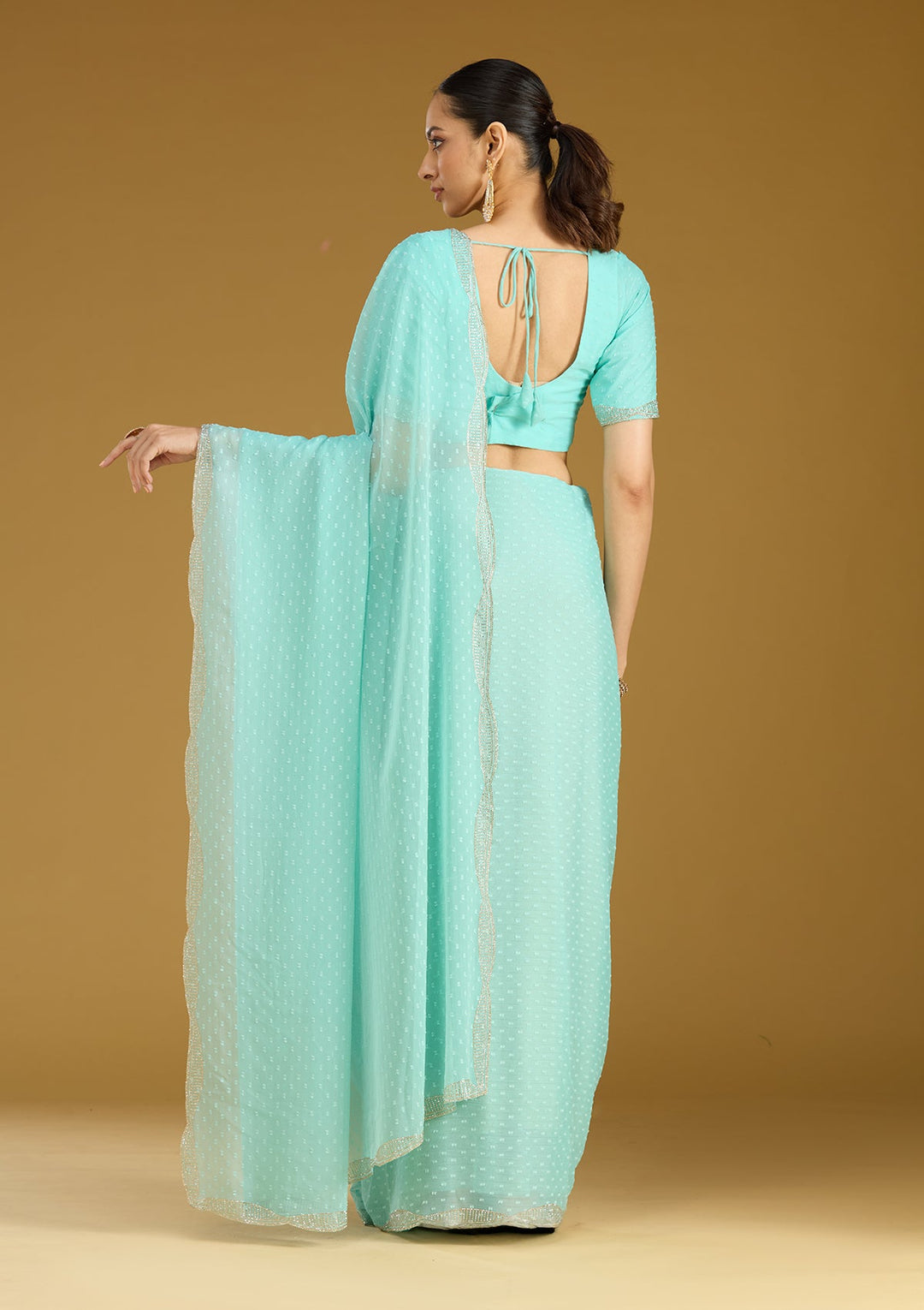 Sea Green Stonework (Silver) Chiffon Saree