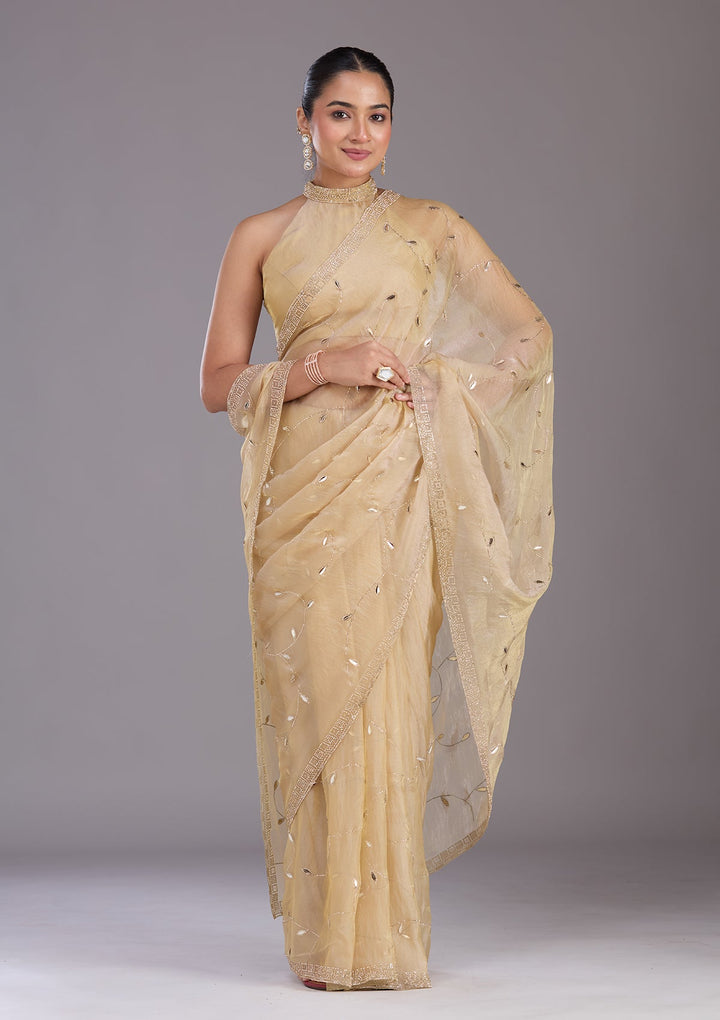 Beige Stonework (Gold) Tissue Saree