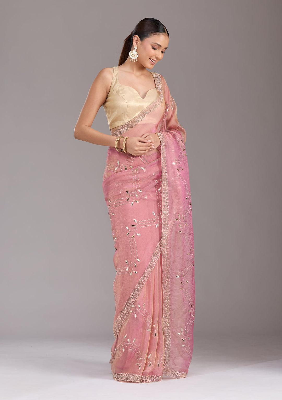 Onion Pink Stonework (Gold) Tissue Saree-koskii