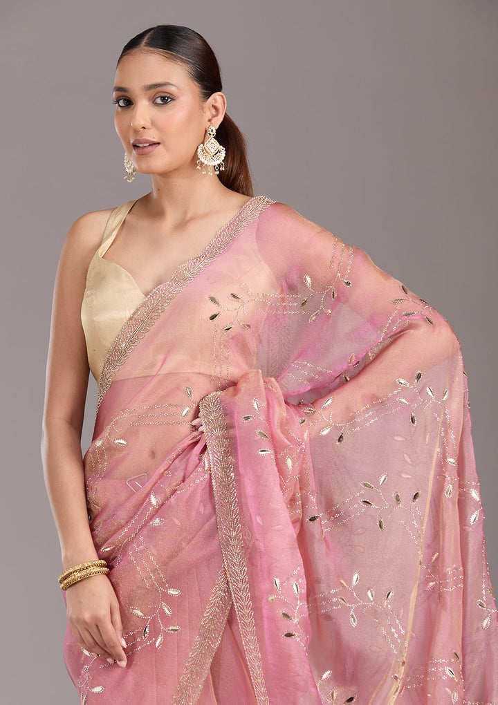 Onion Pink Stonework (Gold) Tissue Saree-koskii