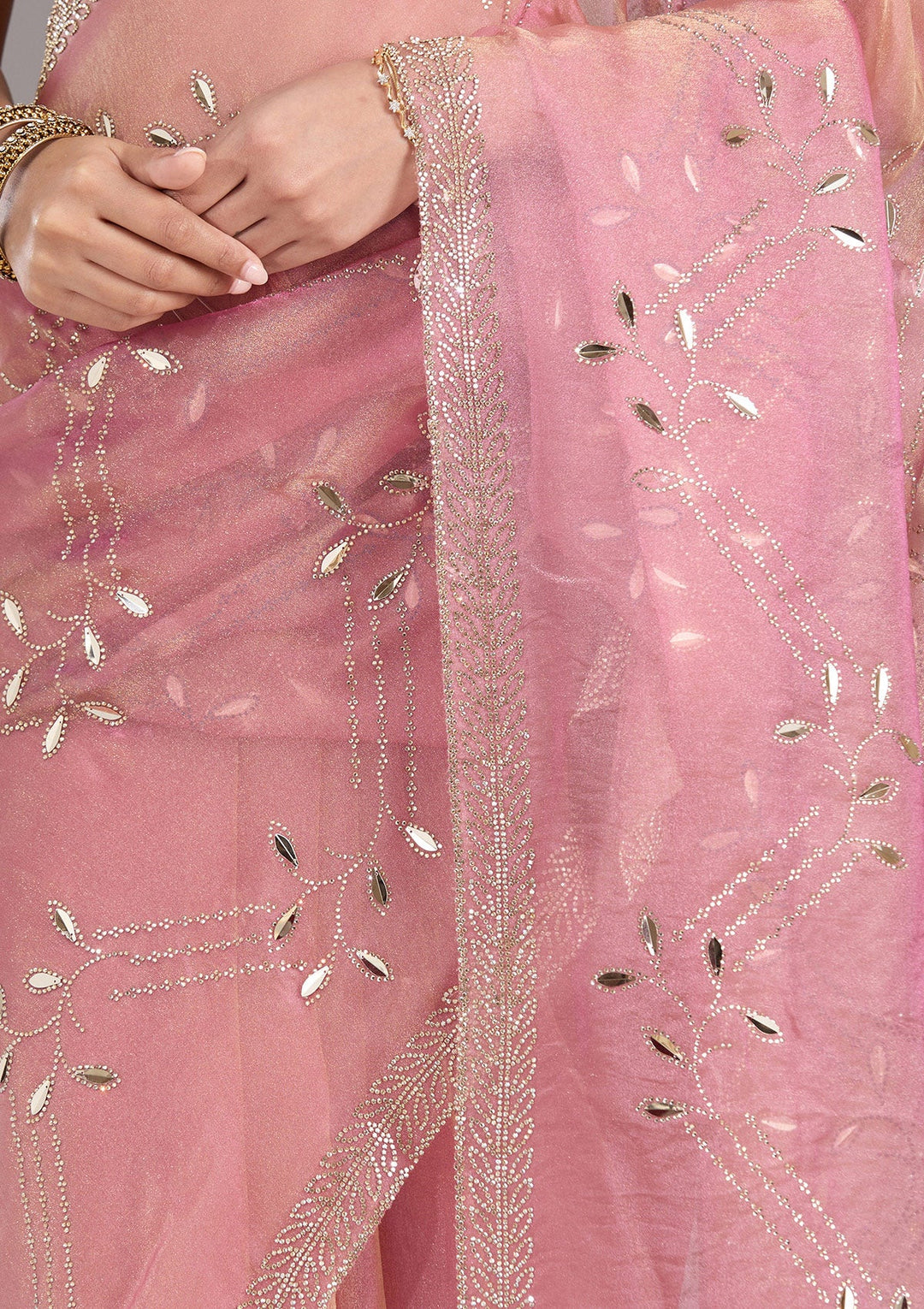 Onion Pink Stonework (Gold) Tissue Saree-koskii