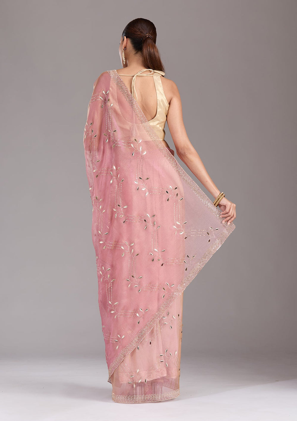 Onion Pink Stonework (Gold) Tissue Saree-koskii