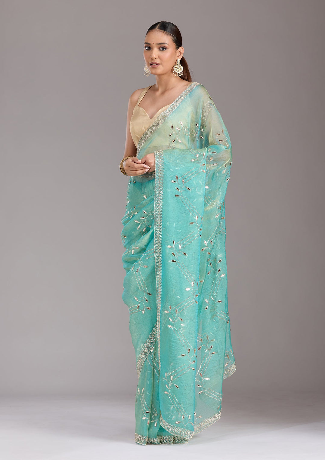 Sea Green Stonework (Gold) Tissue Saree-koskii